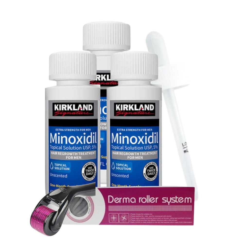 Minoxidil Kirkland 5% 60ml Pack x3 + Dermaroller 0.5mm Para Barba y cabello