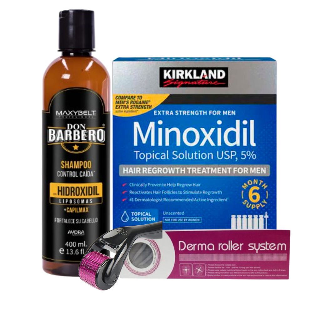 Minoxidil Kirkland 5% 60ml Pack x6 + Shampoo Hidroxidil + Dermaroller